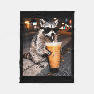 Funny raccoon drinking iced coffee animal meme fleece blanket