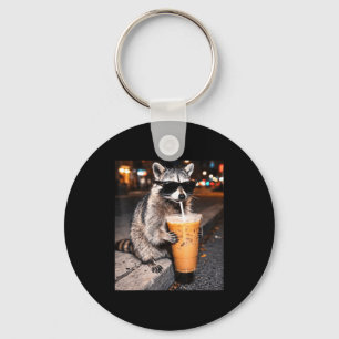 Funny raccoon drinking iced coffee animal meme key ring