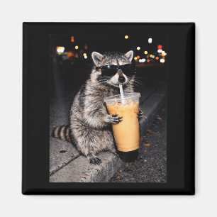 Funny raccoon drinking iced coffee animal meme magnet