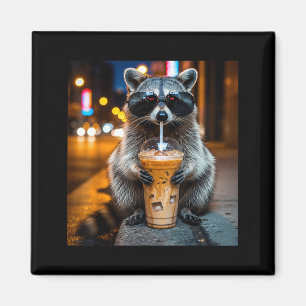 Funny raccoon drinking iced coffee animal meme magnet