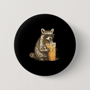 Funny raccoon drinking iced coffee animal meme men 6 cm round badge