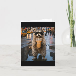 Funny raccoon drinking iced coffee animal meme men card