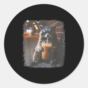 Funny raccoon drinking iced coffee animal meme men classic round sticker