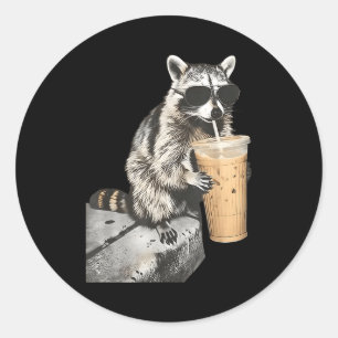 Funny raccoon drinking iced coffee animal meme men classic round sticker