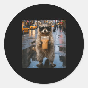 Funny raccoon drinking iced coffee animal meme men classic round sticker