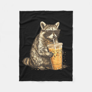 Funny raccoon drinking iced coffee animal meme men fleece blanket