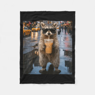 Funny raccoon drinking iced coffee animal meme men fleece blanket