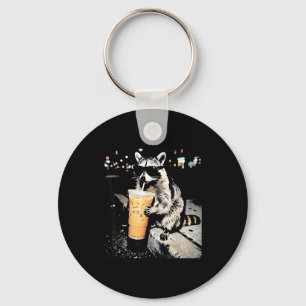 Funny raccoon drinking iced coffee animal meme men key ring