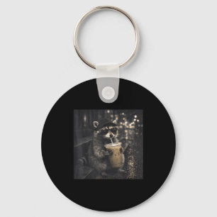 Funny raccoon drinking iced coffee animal meme men key ring