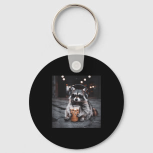 Funny raccoon drinking iced coffee animal meme men key ring