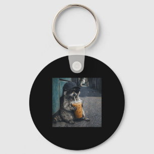 Funny raccoon drinking iced coffee animal meme men key ring