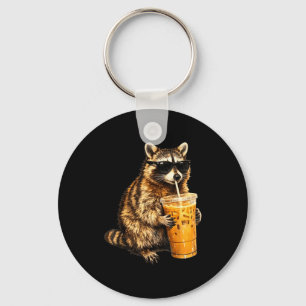 Funny raccoon drinking iced coffee animal meme men key ring