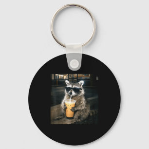Funny raccoon drinking iced coffee animal meme men key ring