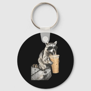 Funny raccoon drinking iced coffee animal meme men key ring