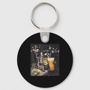 Funny raccoon drinking iced coffee animal meme men key ring