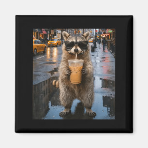 Funny raccoon drinking iced coffee animal meme men magnet