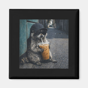 Funny raccoon drinking iced coffee animal meme men magnet