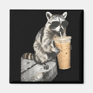 Funny raccoon drinking iced coffee animal meme men magnet