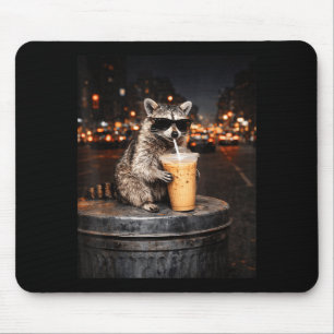 Funny raccoon drinking iced coffee animal meme men mouse pad