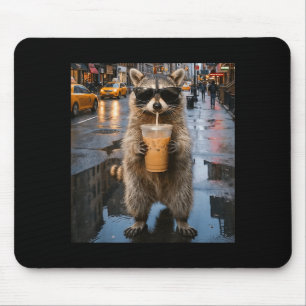 Funny raccoon drinking iced coffee animal meme men mouse pad