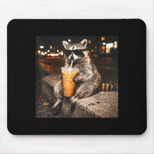 Funny raccoon drinking iced coffee animal meme men mouse pad