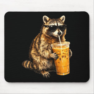 Funny raccoon drinking iced coffee animal meme men mouse pad