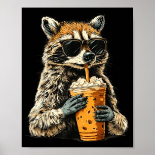 Funny Raccoon Drinking Iced Coffee Animal Meme Men Poster