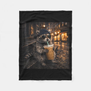 Funny raccoon drinking iced coffee cool animal mem fleece blanket