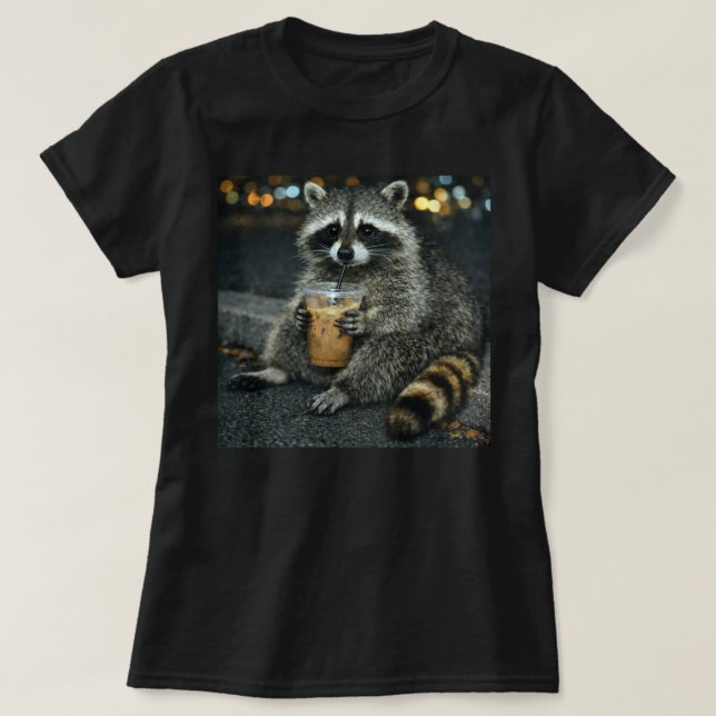 Funny Raccoon Drinking Iced Coffee — Cute Animal  T-Shirt (Design Front)