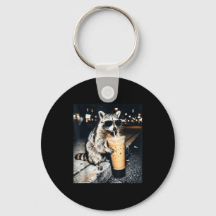 Funny raccoon drinking iced coffee key ring