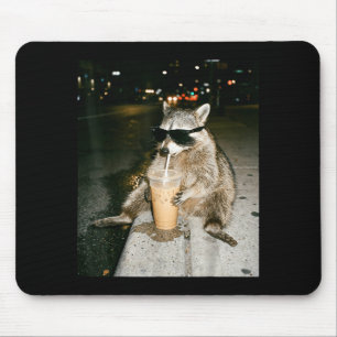 Funny raccoon drinking iced coffee meme men women  mouse pad