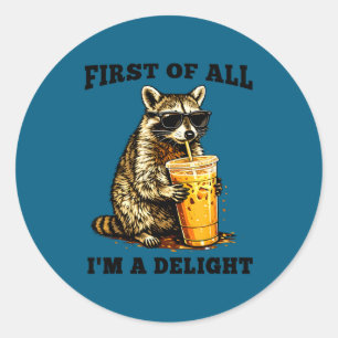 Funny raccoon drinking iced coffee meme sarcastic classic round sticker