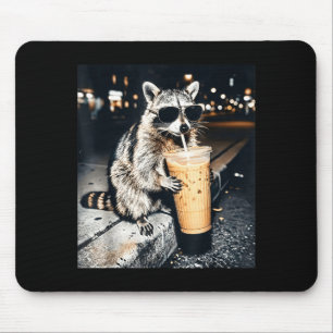Funny raccoon drinking iced coffee mouse pad