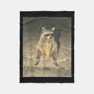 Funny raccoon drinking iced coffee unhinged meme fleece blanket