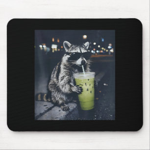 Funny raccoon drinking iced matcha latte animal mouse pad