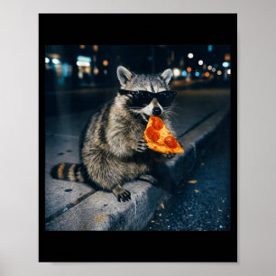 Funny raccoon eating pizza cute animal selfie  poster