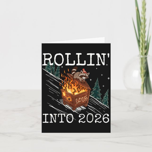 Funny Raccoon Rolling Into 2026 Retro New Year 202 Card (Front)