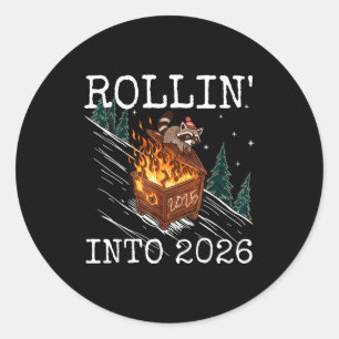 Funny Raccoon Rolling Into 2026 Retro New Year 202 Classic Round Sticker