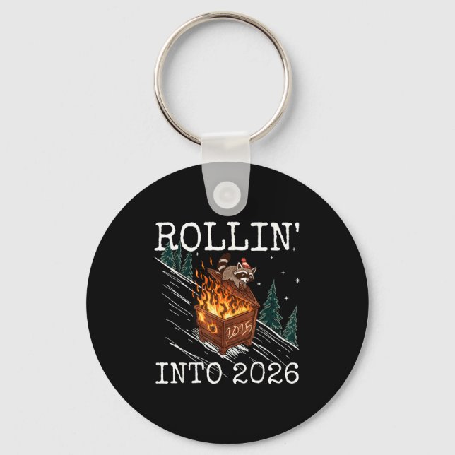Funny Raccoon Rolling Into 2026 Retro New Year 202 Key Ring (Front)