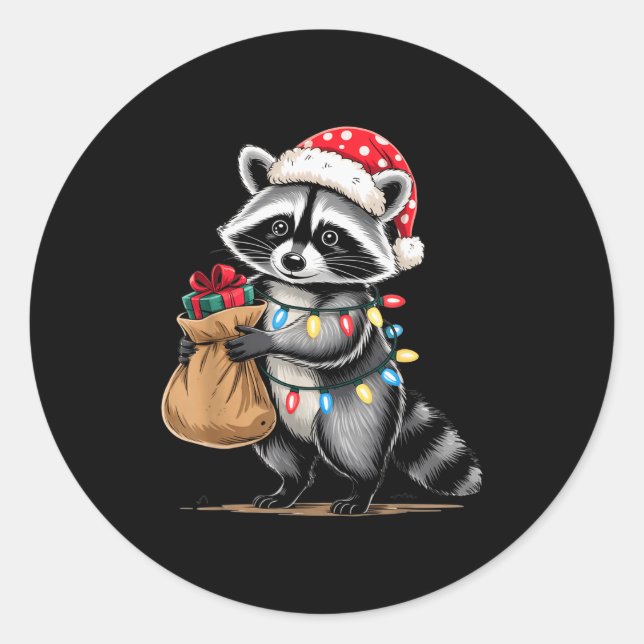 Funny Raccoon Santa Hat Animals Lovers Ugly Christ Classic Round Sticker (Front)