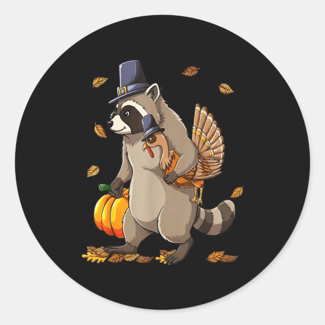Funny Raccoon Turkey Pumpkin Thanksgiving Gift Men Classic Round Sticker (Front)