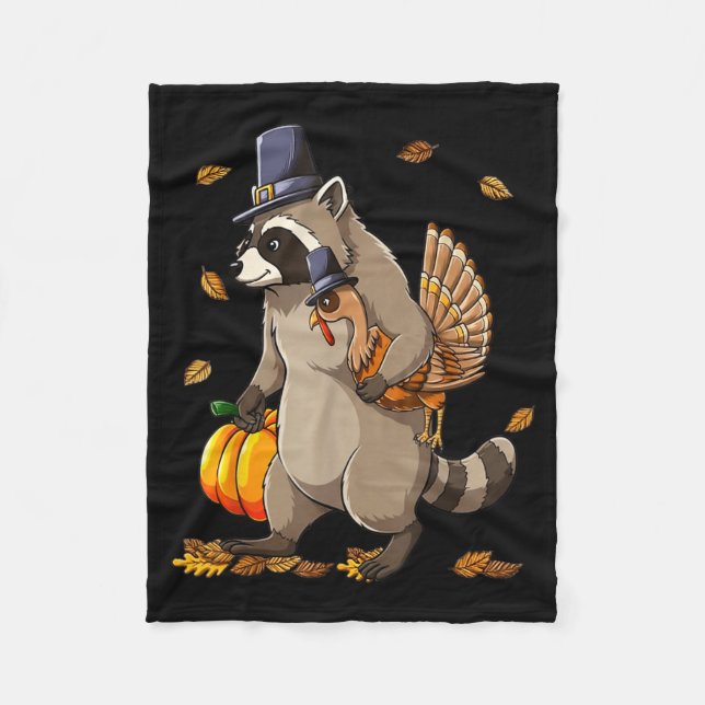 Funny Raccoon Turkey Pumpkin Thanksgiving Gift Men Fleece Blanket (Front)