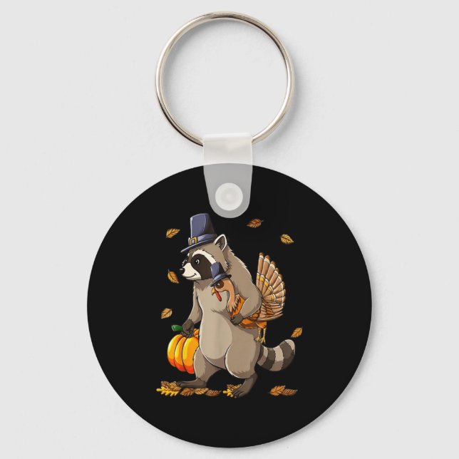 Funny Raccoon Turkey Pumpkin Thanksgiving Gift Men Key Ring (Front)