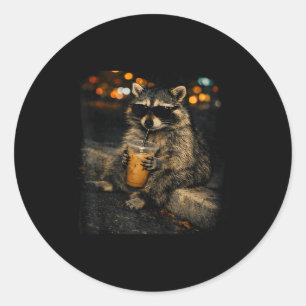 Funny raccoon wear sunglasses drinking iced coffee classic round sticker