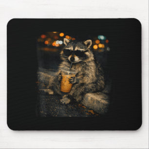 Funny raccoon wear sunglasses drinking iced coffee mouse pad
