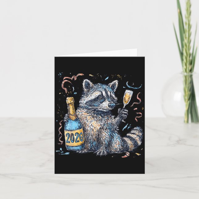 Funny Raccoon With Champagne Disco Ball New Years  Card (Front)
