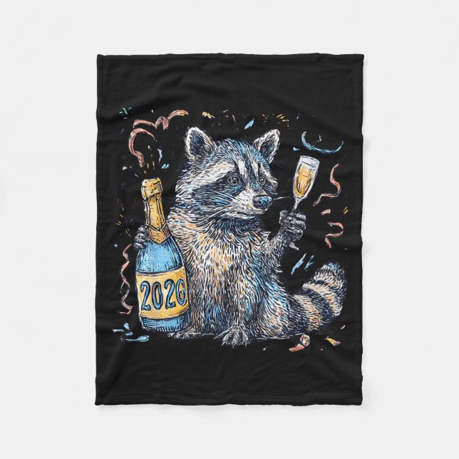 Funny Raccoon With Champagne Disco Ball New Years  Fleece Blanket (Front)