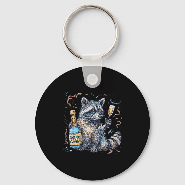 Funny Raccoon With Champagne Disco Ball New Years  Key Ring (Front)