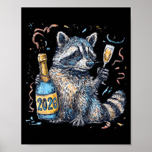 Funny Raccoon With Champagne Disco Ball New Years Poster