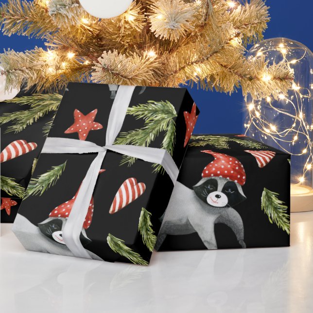 Funny Raccoons Black | Noel Tree Wrapping Paper (Holidays)
